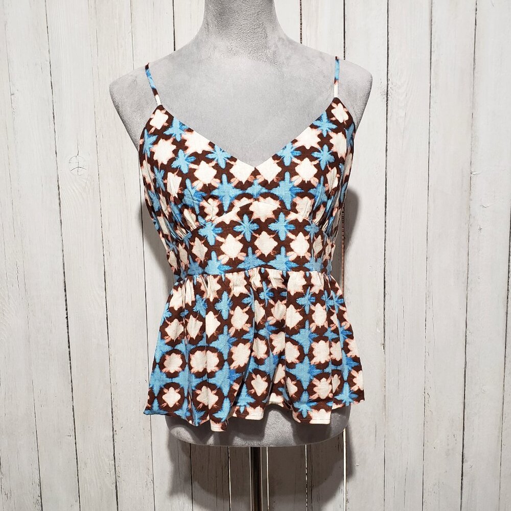NEW Loft M Tank Top  Brown Pink Floral Peplum Cami Boho V Neck Swing Linen Blend